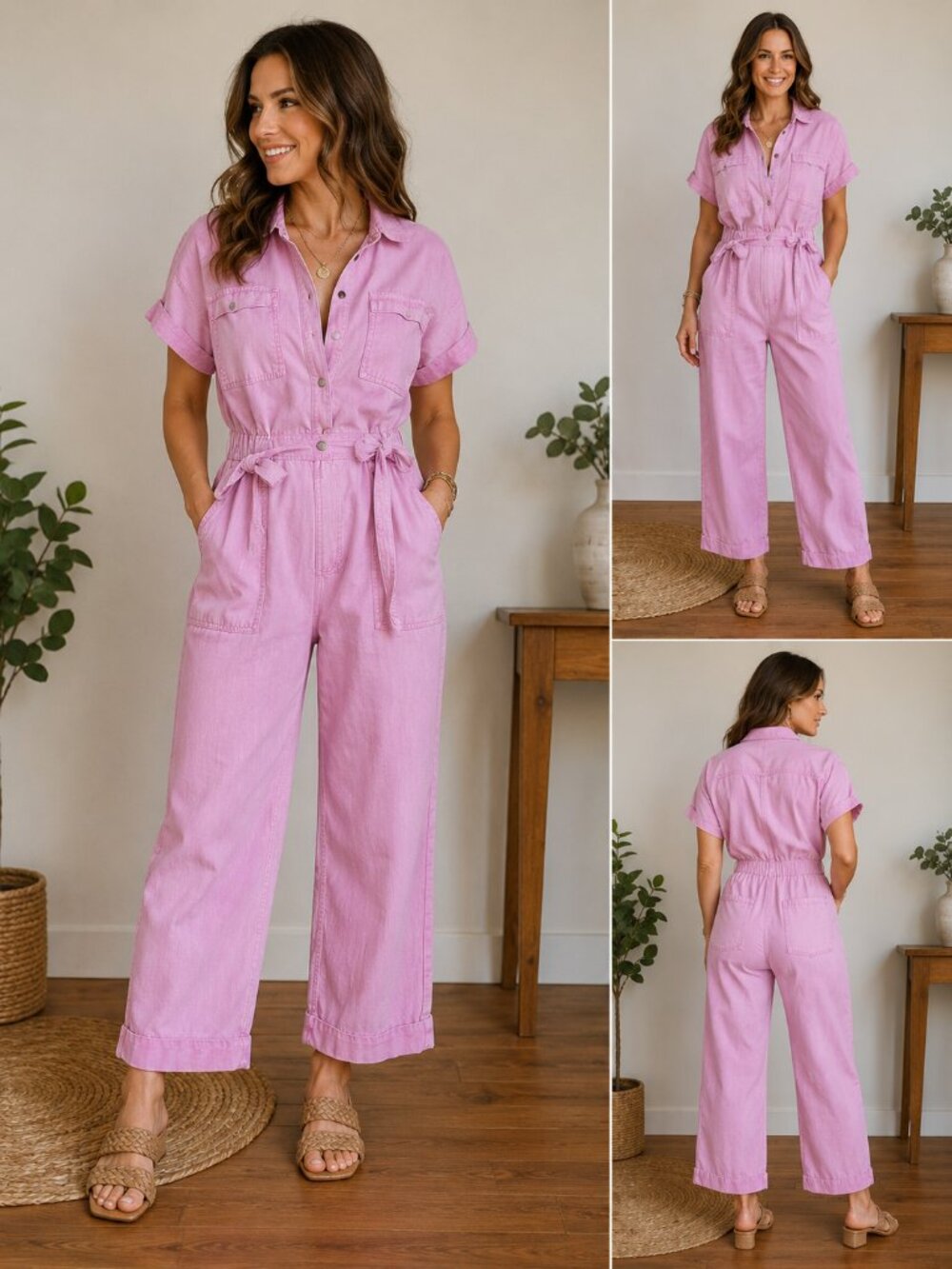 Universal Thread Bright Pink Denim Jumpsuit -Women’s Sz 2 button front, tie wais